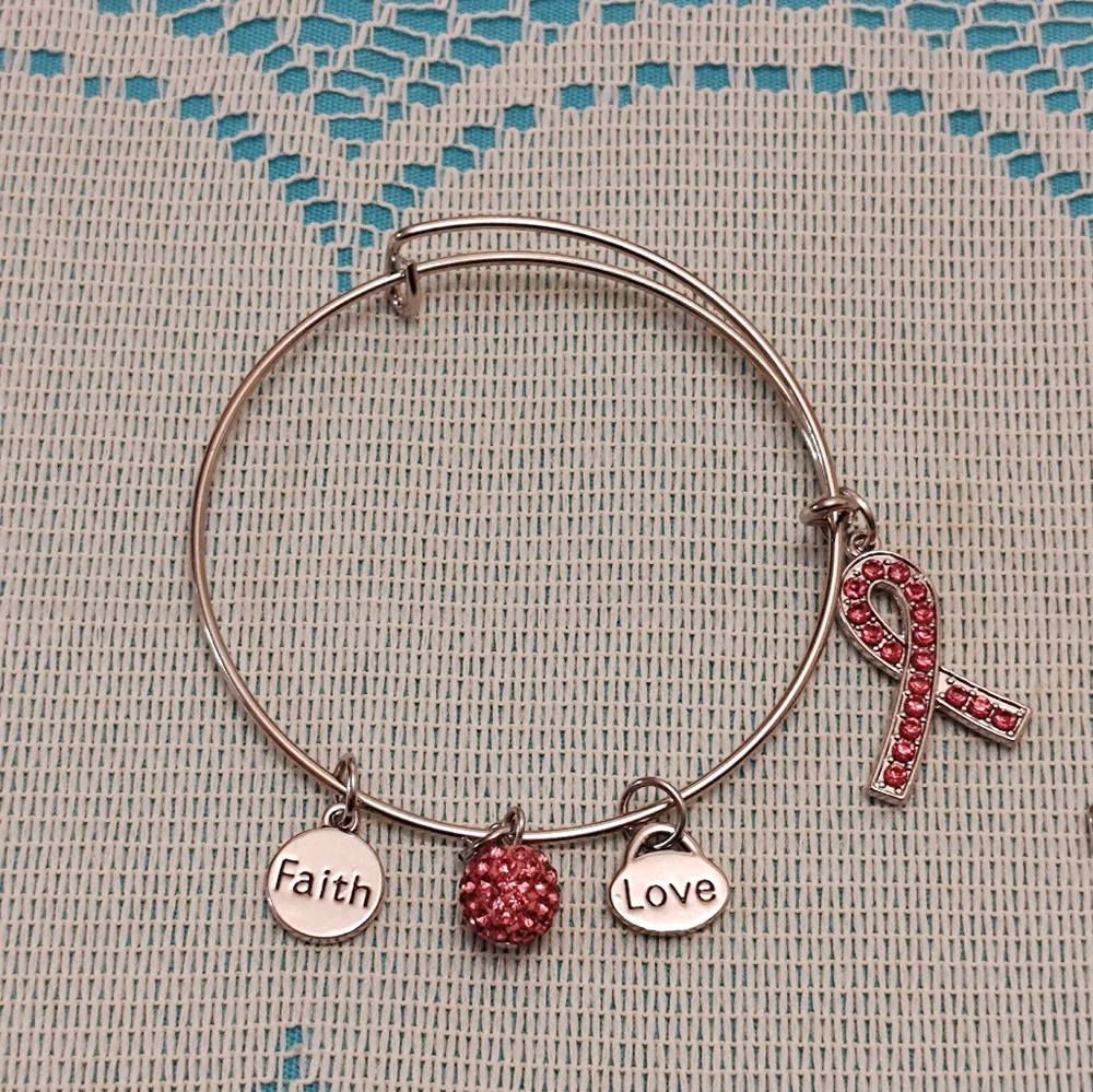 2 Breast Cancer Awareness Pink Ribbon Silver Tone Bracelet Set Strength HopePr - Picture 2 of 6